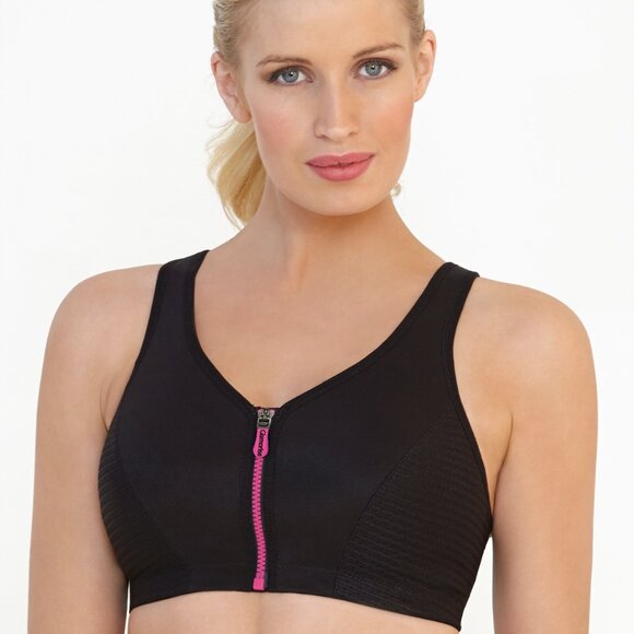 Glamorise SPORT Bra 44B (HIGH-IMPACT) Wicks! (RACERBACK) T-Back Zip-Up Black NEW - Picture 13 of 16